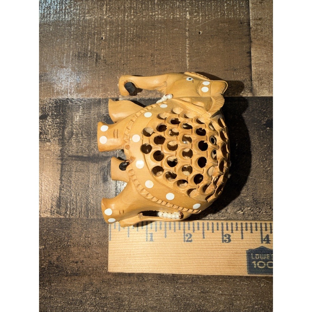 Hand Carved Wooden Pregnant Elephant Jali Undercut Lattice Figurine India Art - Picture 13 of 14